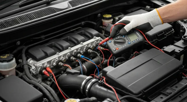 Dijagnostički prikaz EOT (Engine Oil Temperature) kola, sa istaknutim senzorom, električnim vezama i greškom P1186 u automobilskom motoru.