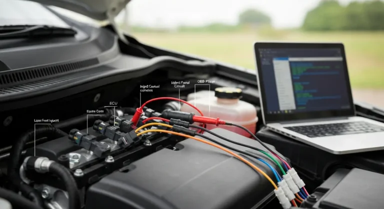 Automobilski motor sa označenim P1200 kontrolnim krugom ubrizgivača, dijagram žica i ECU konekcija, prikaz greške i tokova signala.