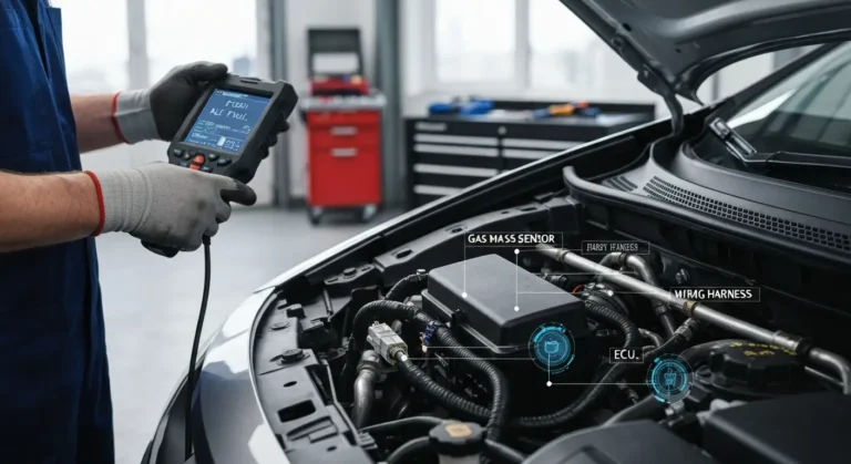 Senzor za masu gasa alternativnog goriva, dijagnostika P1201, prikazuje problem sa opsegom/radom kola u automobilskom motoru.