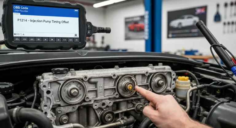 Podešavanje vremena ubrizgavanja diesel pumpe, dijagnostički alat prikazuje grešku P1214, motor automobila otvoren, fokus na pumpu za ubrizgavanje.