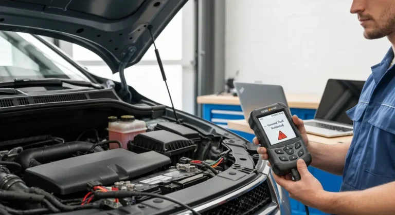 Detekcija uzemljosnog kvara P1215 u automobilu, prikaz instrument table sa upozorenjem i simbolom za električni sistem na ekranu.