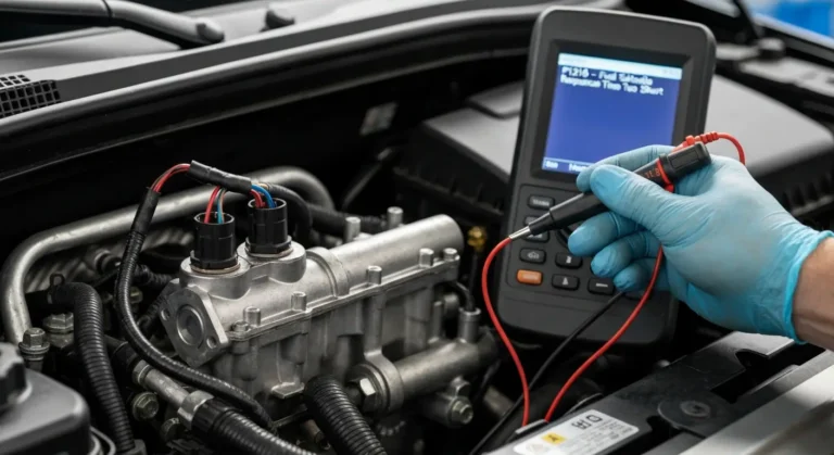 Automobilski motor sa istaknutim solenoidom goriva, naglašena greška P1216 zbog prekratkog vremena odziva, dijagnostički alat priključen.