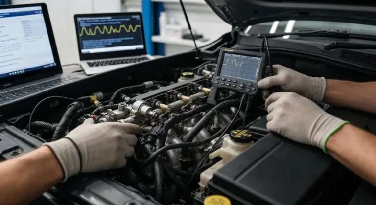 Automobilski motor sa prikazom elektroventila za gorivo, dijagnostički alat ukazuje na grešku P1217 - predugo vreme odziva solenoida.
