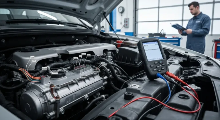 Sistem za kalibraciju pumpe za ubrizgavanje, prikaz ECU, senzora pritiska goriva i električne veze u automobilskom motoru.