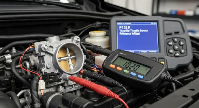Senzor položaja gasa (TPS) u automobilu sa prikazanim referentnim naponom, dijagnostika koda greške P1219, detalji o električnim konektorima.