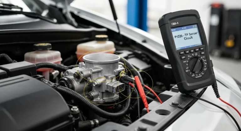Senzor položaja leptira gasa (TP) 2, električni priključci i dijagnostički alati za otkrivanje kvara P1220 u automobilu.