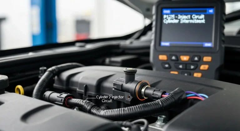 Električni dijagram injektora cilindra 2 sa prikazom prekida u strujnom kolu, greška P1225, dijagnostika automobilske elektronike.