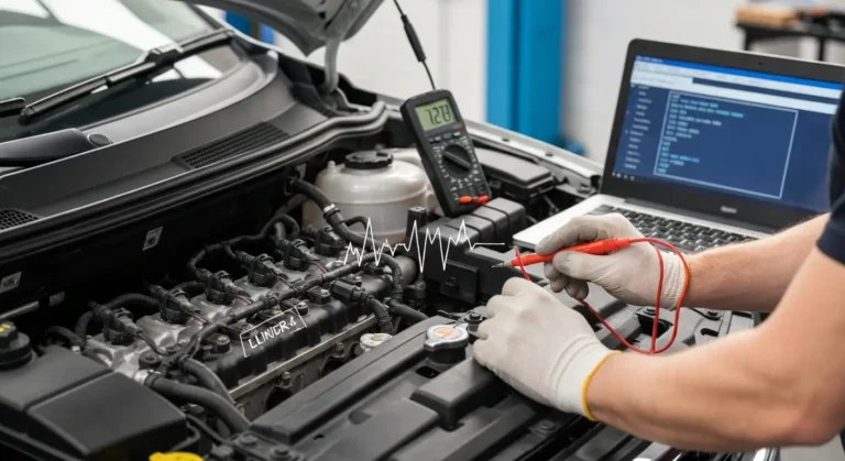 Automobilski motor sa obeleženim cilindrom 4, prikazom intermitentnog problema u električnom krugu dizne, dijagnostički kod P1231.
