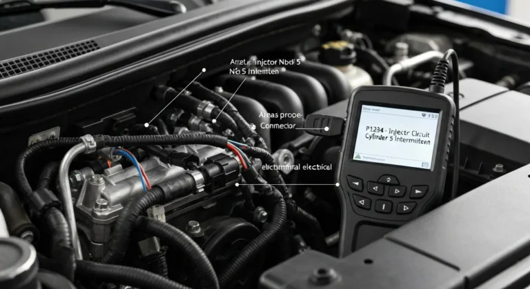 Dijagnostički prikaz automobilske elektronike sa naglaskom na prekid u radu injektora cilindra 5, kod greške P1234, motori i senzori.