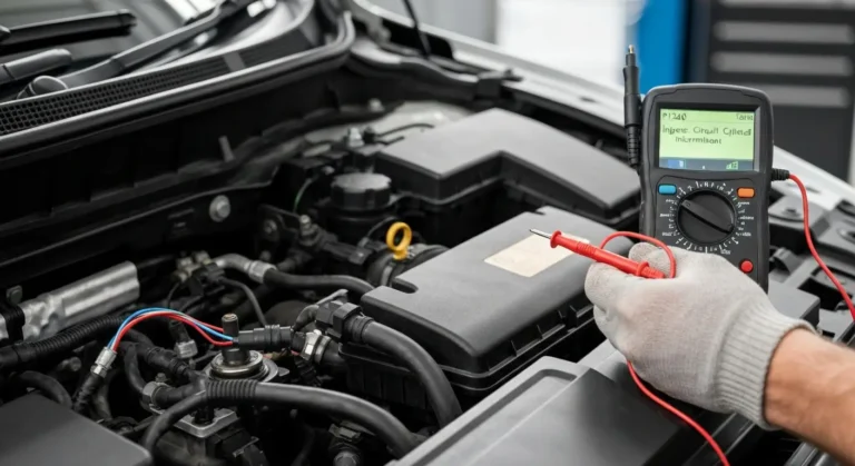 Automobilski motor sa označenim cilindrom 7, prikaz prekida i smetnji u električnom kolu dizne, kod greške P1240.