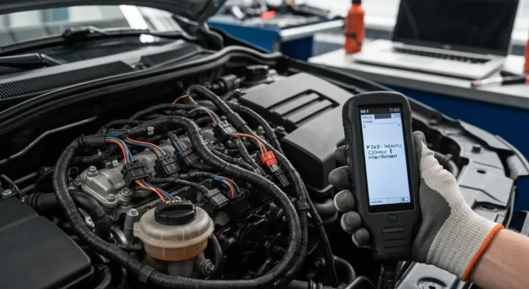 Automobilski motor sa označenim cilindrom 8, prikaz kablova i konektora injektora, dijagnostika P1243 - povremeni prekid u strujnom kolu.