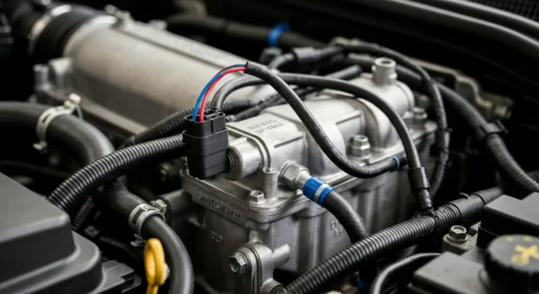 P1245 – Ventil za prebacivanje usisnog plenuma Ventil za preklop usisnog razvodnika (P1245) na automobilskom motoru, prikazuje povezane vakuumske cevi i električni konektor ventila.