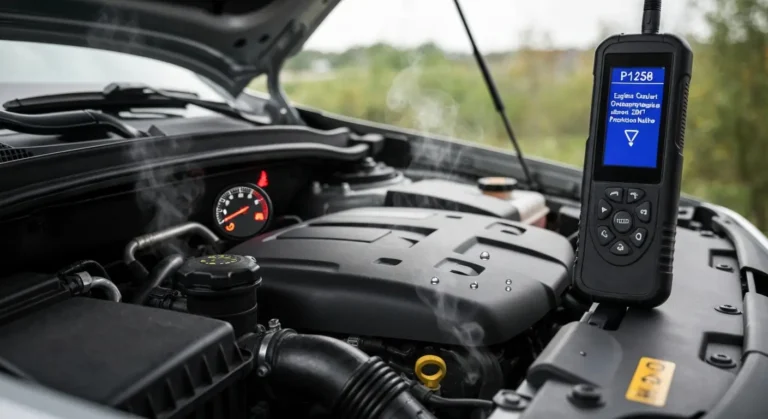 Motor prikazan sa aktiviranom zaštitom zbog pregrevanja rashladne tečnosti iznad 268°F, kod greške P1258, automobilska dijagnostika.
