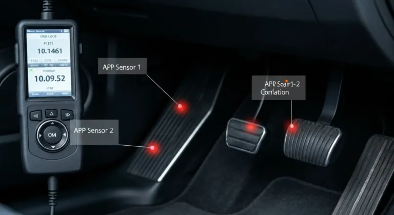 Senzori položaja papučice gasa APP1 i APP2, prikazani na pedali, sa istaknutim žicama i dijagramom električne veze u automobilu.
