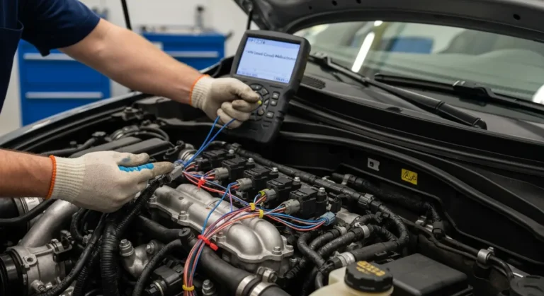P1274 – Pogrešno povezani injektori Pogrešno povezani injektori na automobilskom motoru, kablovi nepravilno spojeni, prikaz greške P1274 vezane za električni sistem injektora.