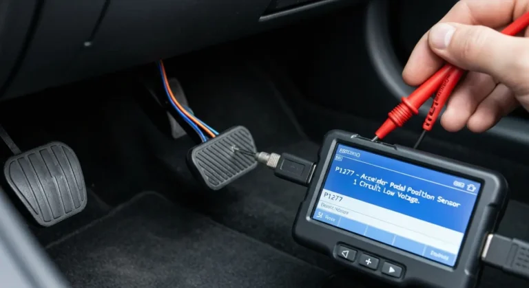 Senzor položaja papučice gasa, napon nizak, greška P1277, elektronski prikaz automobilske papučice sa označenim problematičnim delom senzora.