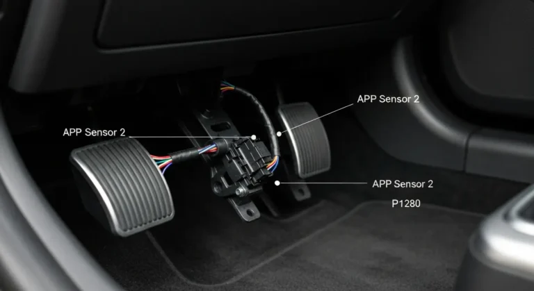 Senzor 2 položaja pedale gasa (APP) u automobilu, sa prikazanim električnim priključcima i tipičnim greškom P1280 senzora.
