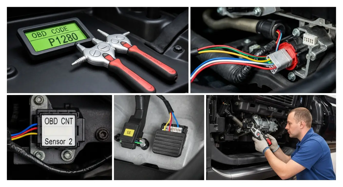 P1280 označava problem u električnom kolu senzora 2 položaja papučice gasa (APP), što može uticati na odziv motora prilikom pritiskanja papučice.