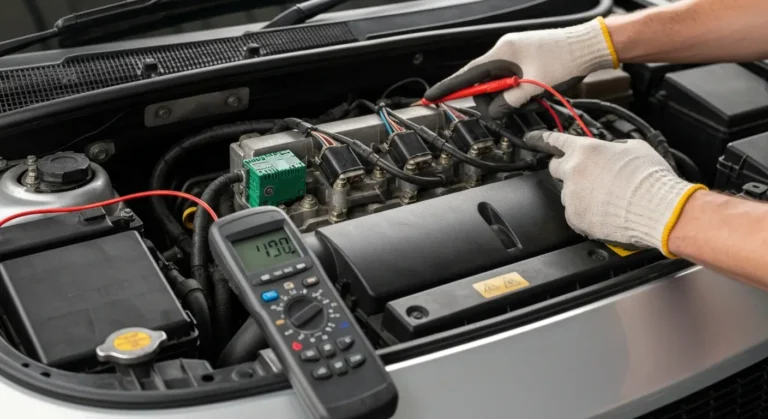 Automobilski motor, izdvojena šema paljenja, označen P1300 kvar u krugu paljenja (ignitora), istaknuti kablovi, konektori i ECU jedinica.