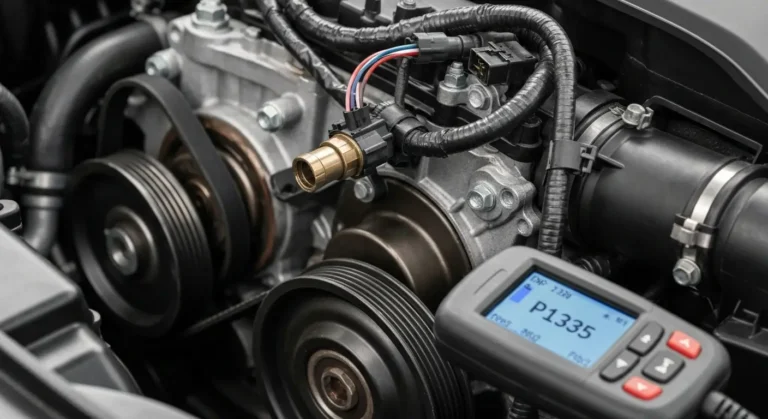 Senzor položaja radilice, kabliranje i ECU prikazani u dijagnostici P1335, kvar CKP kola u automobilskom sistemu upravljanja motorom.