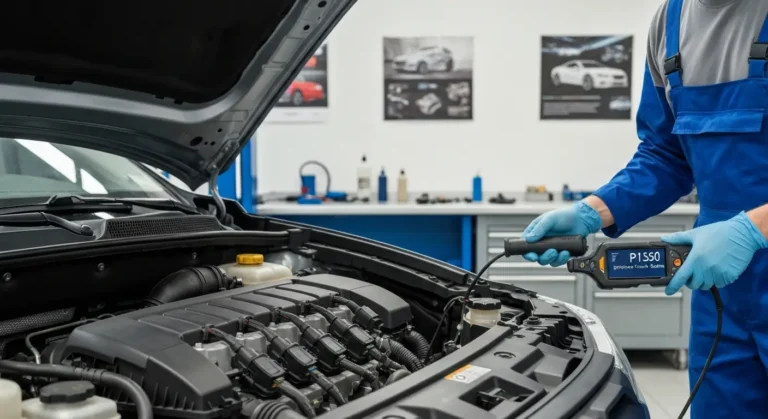Sistem za kontrolu paljenja automobila, dijagnostika P1350 koda, elektronski modul i povezane žice na motoru, fokus na detekciju kvara.