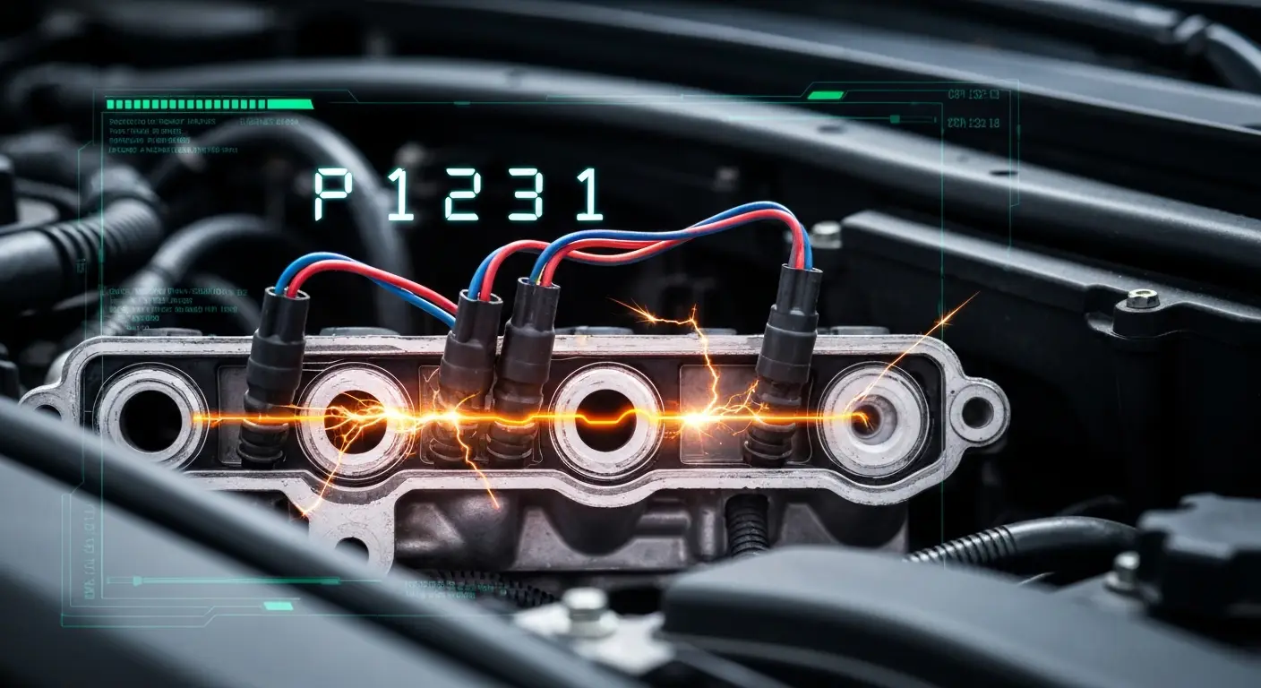 Slika prikazuje automobilsku instrument tablu sa upaljenom lampicom za proveru motora, dok je dijagram žica i ubrizgavača cilindra 4 prikazan sa oznakom 