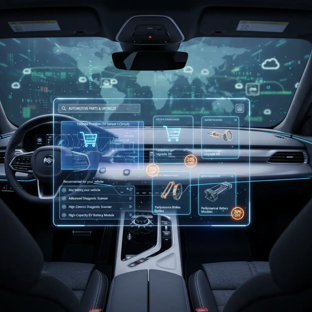 Slika prikazuje automobilsku tablu sa upaljenom lampicom za proveru motora i dijagramom koji ilustruje poziciju i povezivanje senzora za položaj gasa (TP senzor 1).