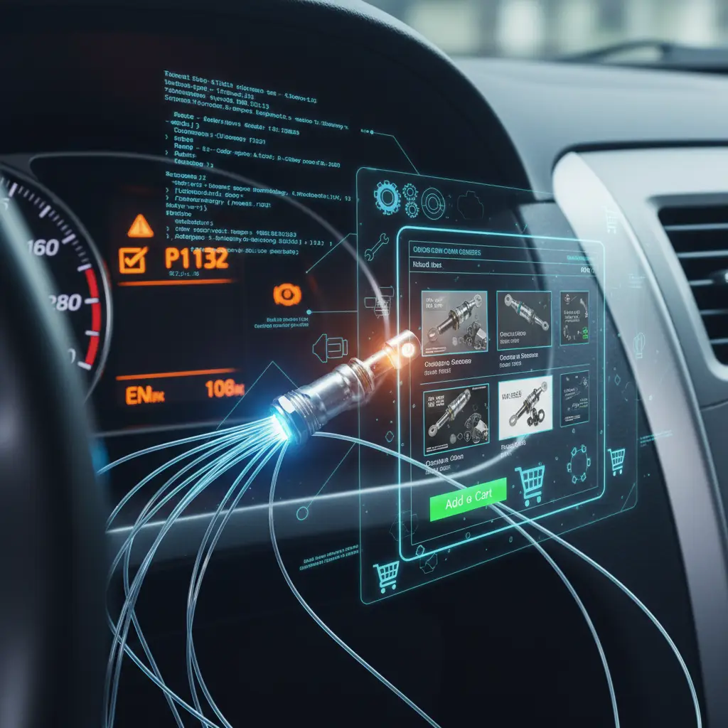 Slika prikazuje dijagram motora automobila sa označenom sondom za kiseonik (Bank 2, Senzor 1) i istaknutim električnim priključkom koji signalizira nizak napon u HO2S kolu.