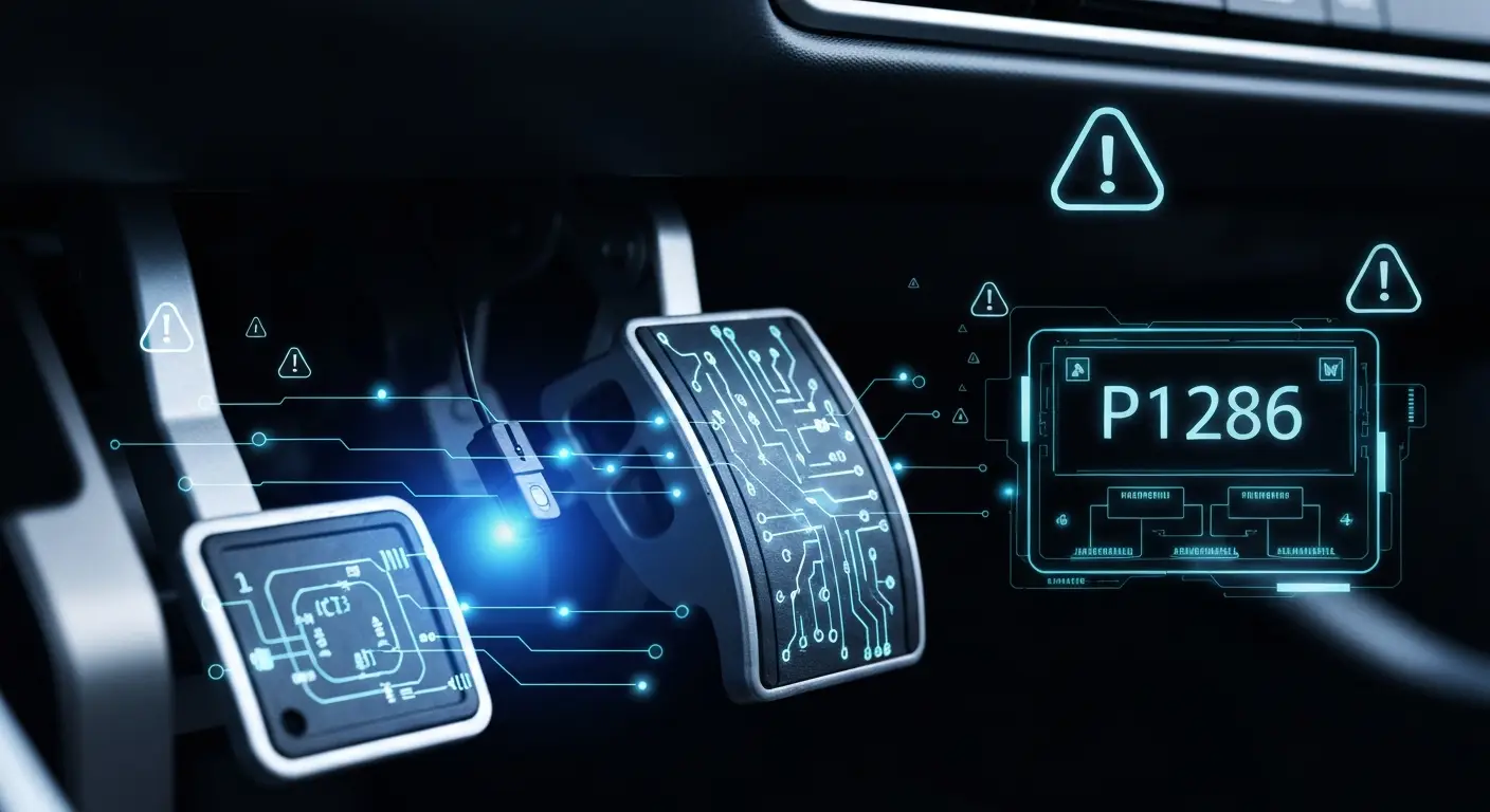 Slika prikazuje elektronski senzor položaja pedale gasa u automobilu, sa istaknutim žicama i dijagramom za dijagnostiku koda greške P1286.