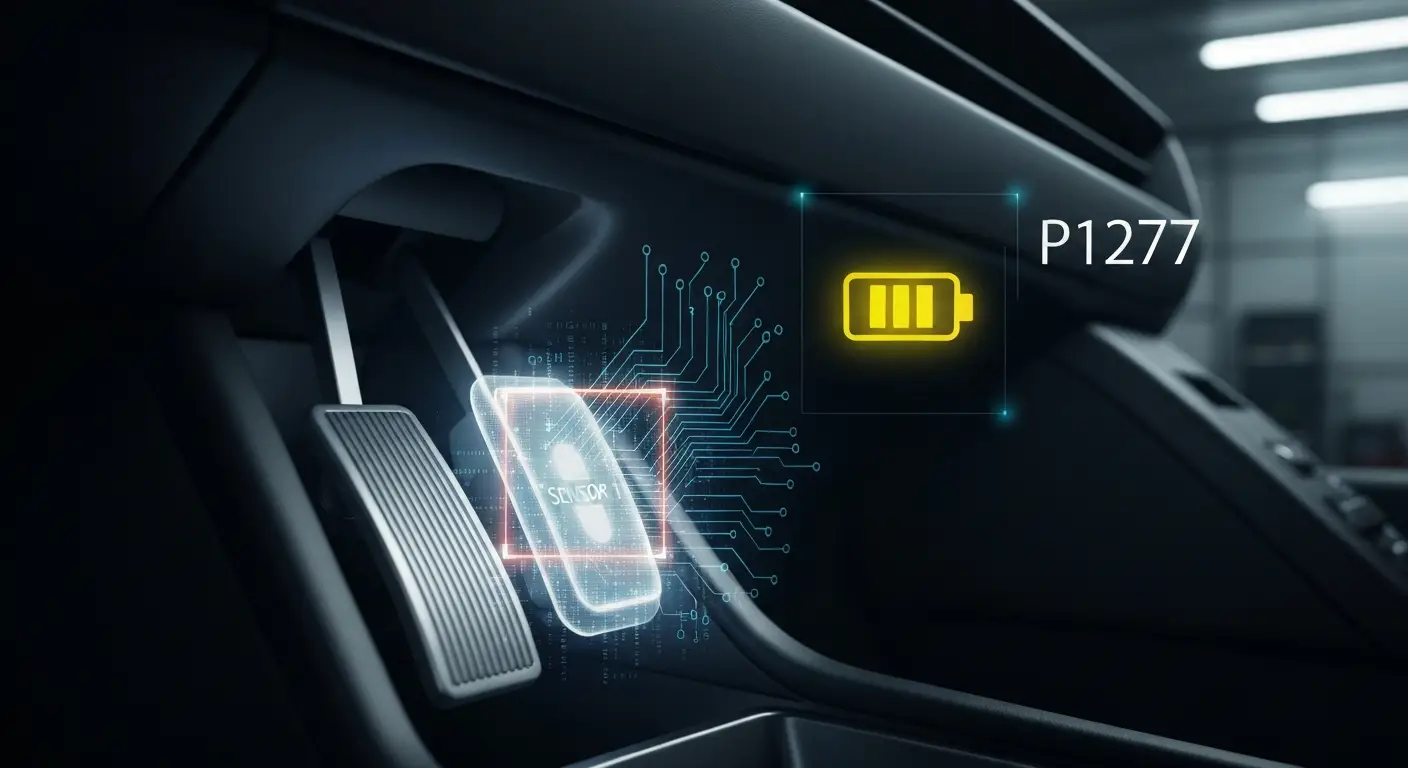 Slika prikazuje senzor položaja papučice gasa u automobilu, sa istaknutim kablovima i dijagramom koji označava napon niži od normalnog za kod greške P1277.